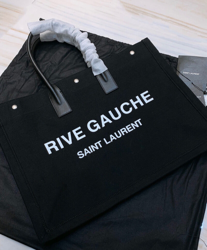 Saint Laurent Rive Gauche Tote Bag In Linen And Leather 499290 Black